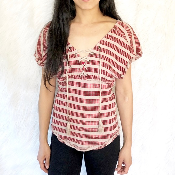 💎 Free People stripe lace up deep v back blouse - Picture 2 of 8